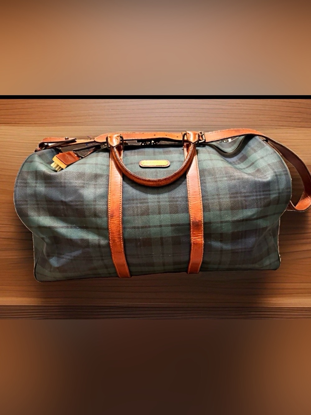 Vintage Polo Ralph Lauren Classic Plaid Weekender Duffel Bag with Brown Leather.